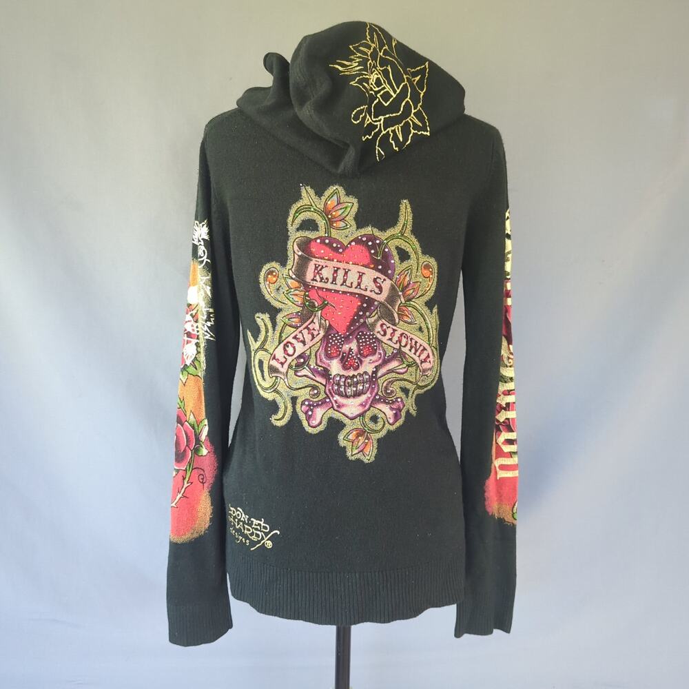 Ed Hardy Love Kills Slowly Knit Zip Hoodie Women's Large Rhinestone Collectible - Picture 2 of 8
